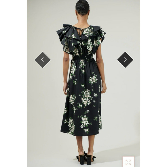Sugarlips Floral Cotton Midi Dress Flutter Sleeve Black Size XL - Picture 3 of 9